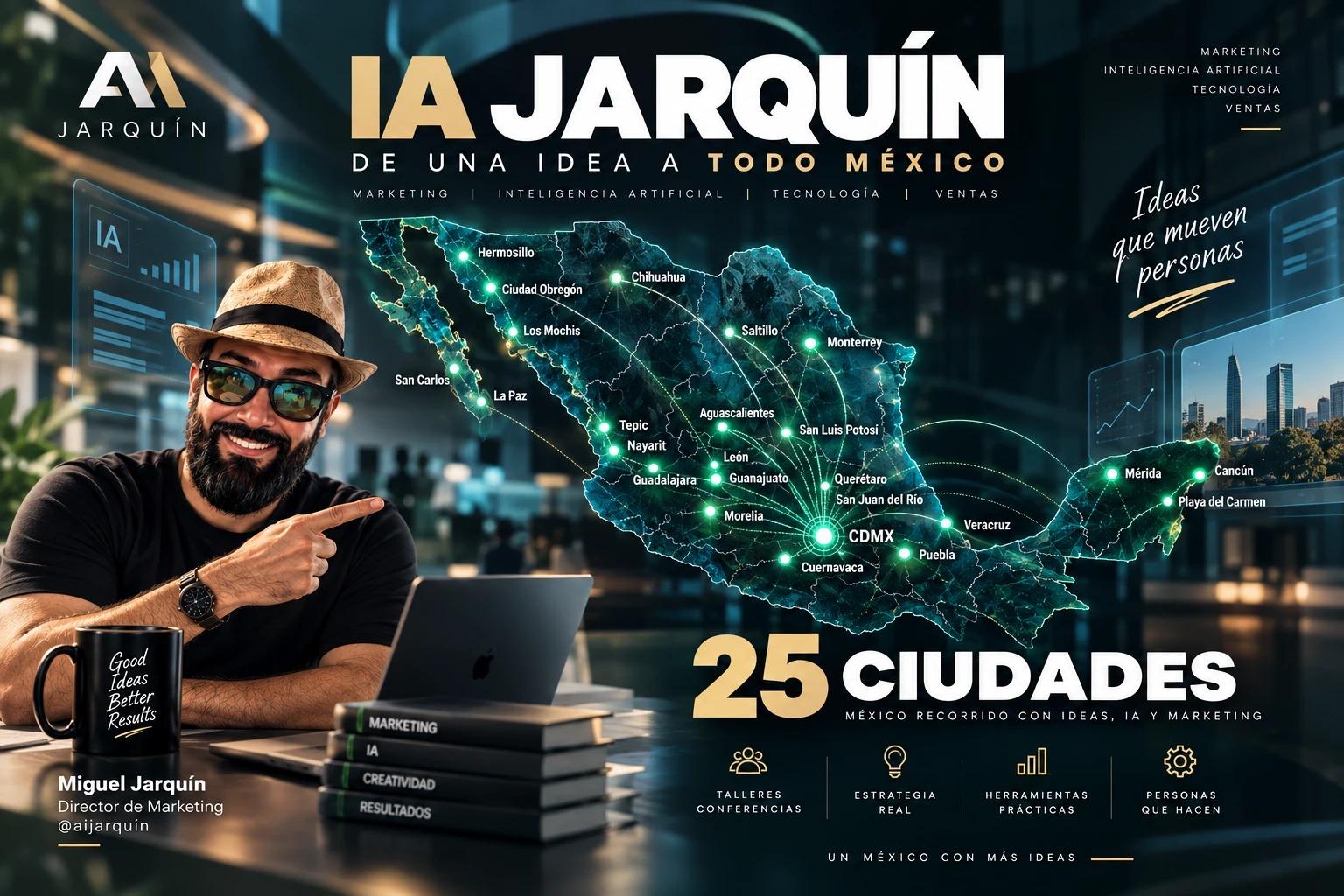 Mapa de México con 25 ciudades donde Miguel Jarquín ha impartido talleres, charlas y conferencias de marketing e inteligencia artificial